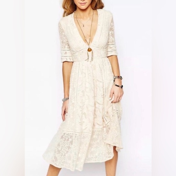 Free People Mountain Laurel Ecru Lace Embroidered Midi Bohemian Dress Size 6 - Picture 1 of 8